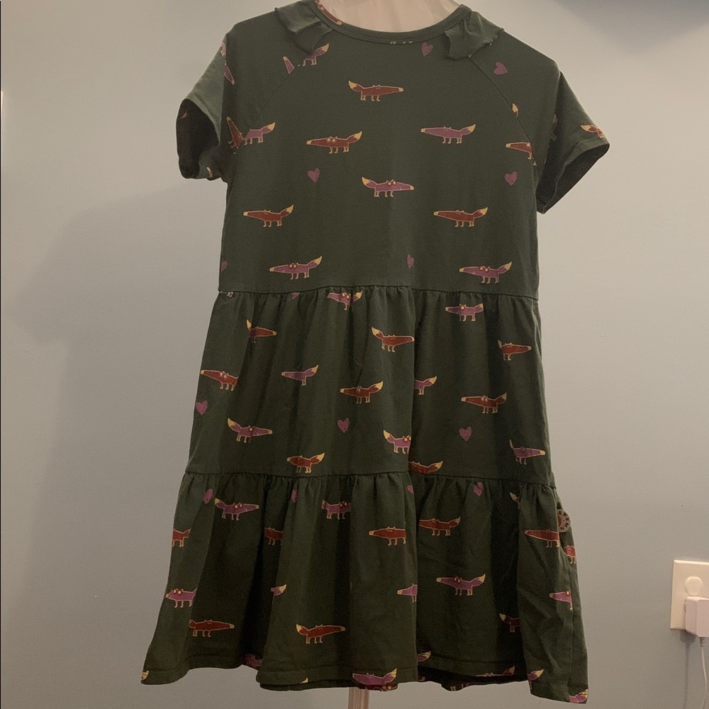 Girls' Olive Green Fox Print Tiered Dress